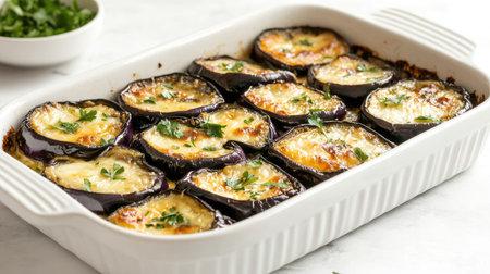A delicious baked eggplant parmesan dish featuring layers of creamy cheese and eggplant, garnished with fresh herbs. Perfect for any meal or gathering.の素材