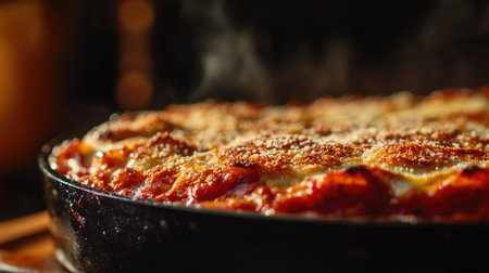 A freshly baked eggplant parmesan dish, featuring layers of melty cheese and rich tomato sauce. Perfect for any Italian meal or special occasion.の素材