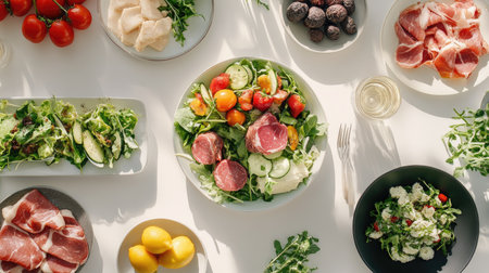 An overhead shot of a clean table filled with fresh, vibrant ingredients, including salads and meats, perfect for healthy dining and gatherings.の素材