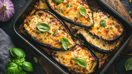 Discover a stunning baked eggplant parmesan dish, featuring savory layers of eggplant, rich cheese, and fresh basil. Perfect for a gourmet meal!の素材