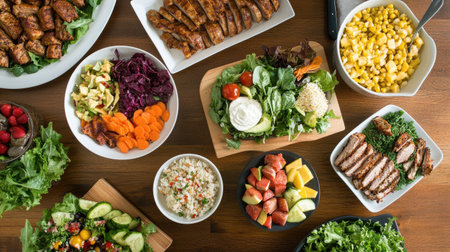 A vibrant overhead shot of a clean table filled with an array of healthy dishes including salads, fruits, and vegetables. Perfect for culinary inspiration.の素材