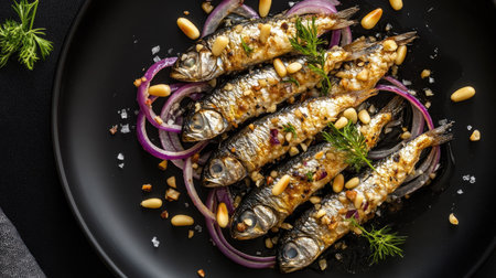 A beautifully plated dish of grilled sardines garnished with herbs, onions, and pine nuts on a sleek black plate, perfect for culinary presentations.の素材