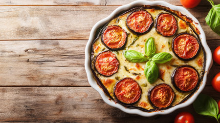 A delicious layered baked eggplant dish featuring fresh tomatoes and basil, beautifully presented on a rustic wooden table. Perfect for any meal.の素材