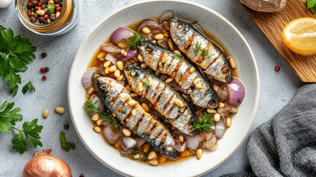 This beautiful plate features grilled sardines prepared in Venetian style, drizzled with flavorful sauce, garnished with pine nuts and fresh herbs, perfect for seafood lovers.の素材
