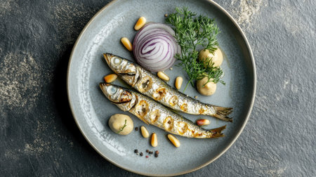 A beautifully arranged plate featuring grilled sardines garnished with fresh herbs, onions, and pine nuts, perfect for a gourmet dining experience.の素材