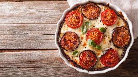 This overhead shot showcases a baked dish featuring layered eggplant and tomatoes, garnished with fresh herbs, perfect for a healthy meal or side dish.の素材