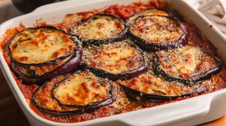 Mouthwatering overhead shot of melanzane alla parmigiana, featuring layers of eggplant, creamy cheese, and rich tomato sauce, perfect for any meal.の素材