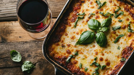 A beautiful overhead view of a delicious family-style meal featuring a cheesy dish garnished with fresh basil, paired with a glass of red wine on a rustic wooden table.の素材