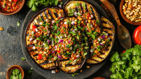 Overhead shot of a vibrant appetizer featuring grilled eggplant topped with fresh herbs, vegetables, and spices, perfect for healthy dining.の素材