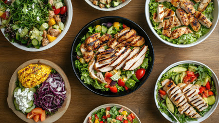 Overhead view of beautifully arranged salads with grilled chicken and fresh vegetables on a wooden table. Perfect for showcasing healthy meal options.の素材