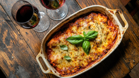 Enjoy a delightful overhead view of a baked pasta dish served family-style. Perfect for gatherings, this comforting meal features rich cheese and herbs.の素材