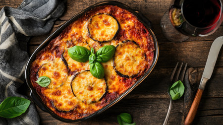 A mouthwatering family-style serving of baked dish with golden cheese and fresh basil, perfect for cozy gatherings and culinary celebrations.の素材