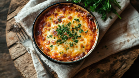 An overhead shot featuring a single serving of a delicious melan dish, beautifully baked and garnished with fresh parsley on a rustic wooden table.の素材