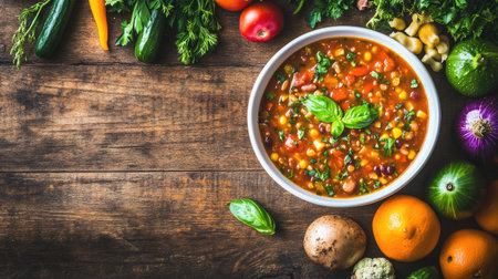 Overhead view of a vibrant Italian bowl filled with fresh vegetables and herbs, creating a colorful presentation perfect for a healthy meal.の素材