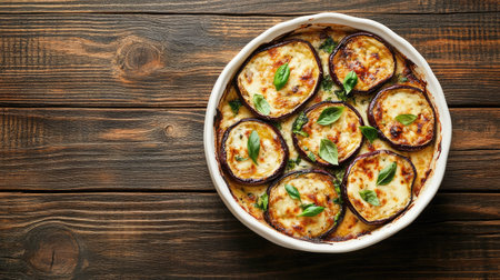 A vibrant overhead shot of baked eggplant slices garnished with fresh basil, showcasing a delicious and healthy vegetarian dish on a rustic wooden table.の素材