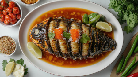 A vibrant overhead view of a spicy papaya salad beautifully arranged on a plate, highlighting fresh ingredients, vibrant colors, and mouthwatering garnishes. Perfect for a culinary showcase.の素材