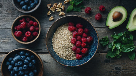 A top view of a rustic wooden table featuring vibrant fresh berries, a creamy avocado, and nutritious quinoa, perfect for healthy meal inspiration.の素材
