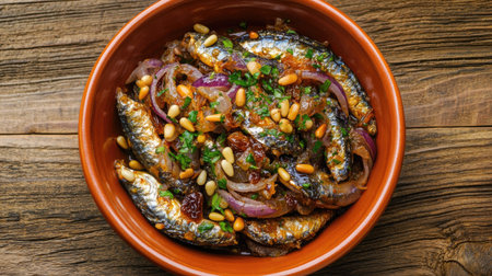 A beautifully arranged dish featuring sardines in saor with pine nuts and onions. Perfect for showcasing Mediterranean cuisine and healthy eating options.の素材