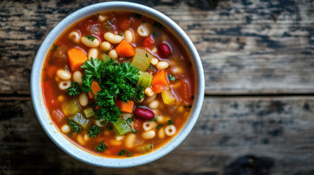 An overhead view of a vibrant bowl of minestrone soup featuring fresh vegetables and herbs, perfect for a nutritious meal or cozy dinner.の素材