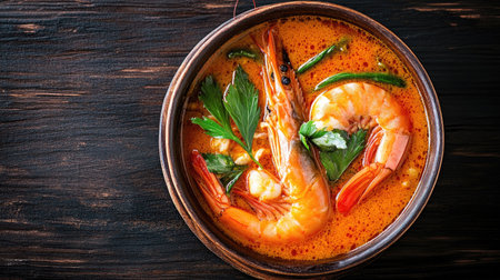 This vibrant soup features succulent prawns, fresh herbs, and spices, perfect for an appetizing meal. Ideal for showcasing delicious culinary creations.の素材