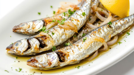 Enjoy a plate of fried sardines garnished with lemon and onion, showcasing a delicious seafood meal perfect for any Mediterranean-inspired dining experience.の素材