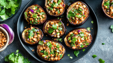 A vibrant platter of stuffed eggplant slices, garnished with fresh herbs, showcases colorful ingredients. Perfect for appetizers or party side dishes.の素材