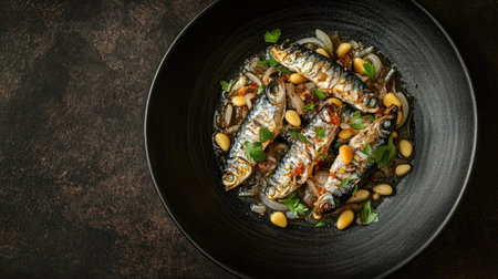 This image showcases grilled sardines presented on a dark plate, garnished with herbs and almonds. A delectable seafood dish perfect for gourmet dining.の素材