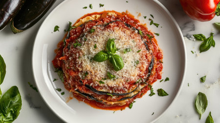 Explore a vibrant top view of traditional Italian melanzane, layered with rich tomato sauce, topped with cheese and fresh basil, perfect for culinary inspiration.の素材