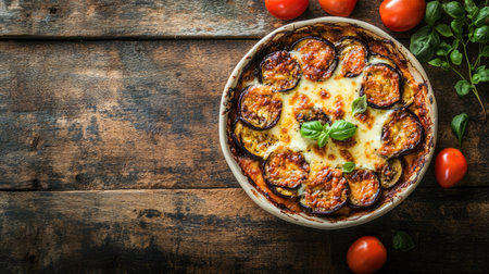 This overhead view captures a rustic wooden table featuring a baked eggplant dish surrounded by vibrant tomatoes and fresh basil, perfect for a cozy meal.の素材