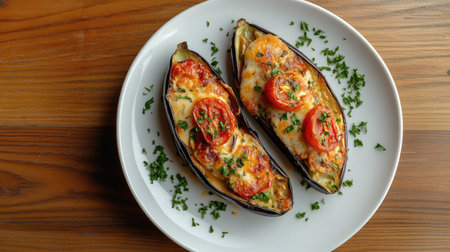 Delight in these baked eggplant slices topped with fresh tomato and herbs. A delicious vegetarian dish that is perfect for any meal occasion.の素材