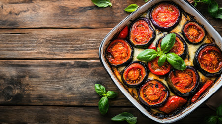 A vibrant top view of a baking dish filled with layered tomatoes and fresh basil, showcasing a colorful and appetizing arrangement perfect for healthy meals.の素材