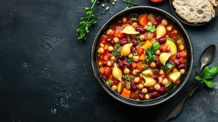 A steaming bowl of hearty vegetable minest soup, presented from an overhead view. This colorful and nutritious dish is perfect for a cozy meal.の素材