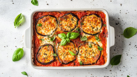 Enjoy a delightful view of freshly baked melanzane alla parmigiana. This Italian dish features layers of eggplant, tomatoes, and melted cheese, garnished with fresh basil. Perfect for any meal!の素材