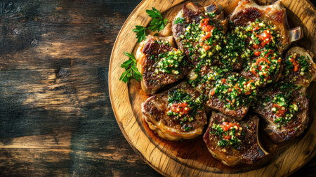 Overhead view of a mouthwatering osso buco alla milanese, featuring tender meat and vibrant herbs, perfect for showcasing Italian culinary traditions.の素材