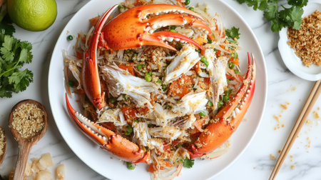 Vibrant overhead view of a spicy papaya salad featuring crab claws, showcasing fresh ingredients and colorful garnishes, perfect for a gourmet dish.の素材