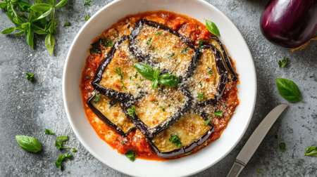 A beautiful top view of a traditional Italian melanzane dish, featuring layers of eggplant and rich tomato sauce, garnished with fresh basil and cheese.の素材