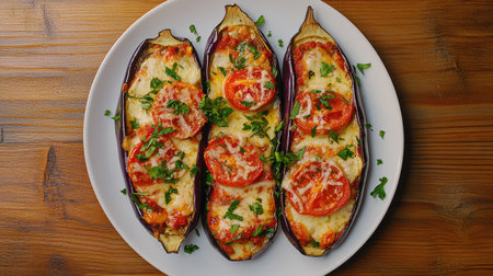 A top view of baked eggplant slices topped with fresh tomatoes and herbs, perfect for a healthy vegetarian meal or appetizer. Enjoy this vibrant dish!の素材