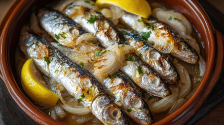 A beautiful presentation of sarde in saor featuring grilled sardines, garnished with lemon and onions, perfect for Mediterranean cuisine enthusiasts.の素材