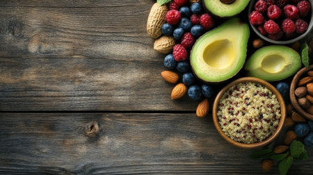 A top view of a rustic wooden table adorned with fresh healthy ingredients including avocados, berries, nuts, and quinoa, perfect for a vibrant meal or snack.の素材