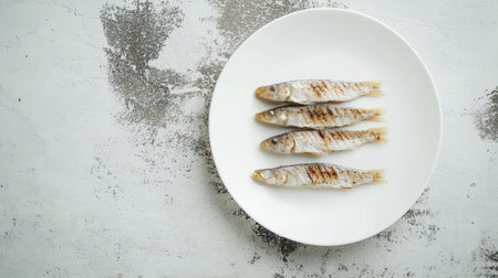 A visually appealing arrangement of grilled fish on a white plate, ideal for showcasing culinary art or for use in food-related projects.の素材
