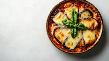 A delicious traditional eggplant parmesan featuring layers of baked eggplant, rich tomato sauce, and melted cheese, garnished with fresh basil, perfect for any meal.の素材