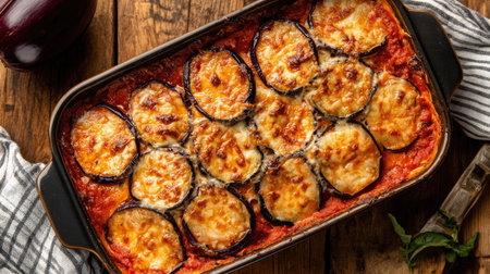 A delicious top view of melanzane alla parmigiana, showcasing layers of eggplant, cheese, and tomato sauce. Perfect for Italian cuisine lovers.の素材