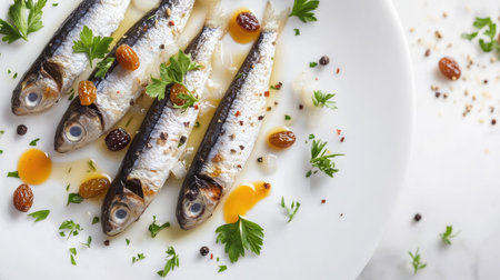 This image features fresh sardines in saor elegantly plated on a white dish. Garnished with herbs, it highlights Mediterranean flavors and culinary artistry.の素材