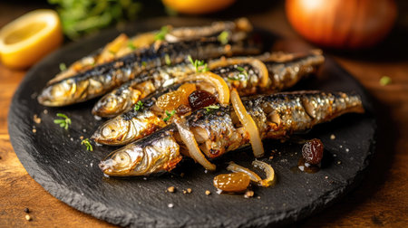 A traditional Venetian dish featuring sarde in saor, beautifully presented with caramelized onions, raisins, and herbs, perfect for seafood lovers and Mediterranean cuisine enthusiasts.の素材
