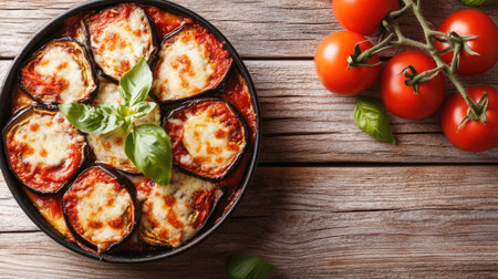 A beautiful top-down view of a serving dish filled with melted cheese, fresh basil, and ripe tomatoes. Perfect for showcasing culinary creativity.の素材