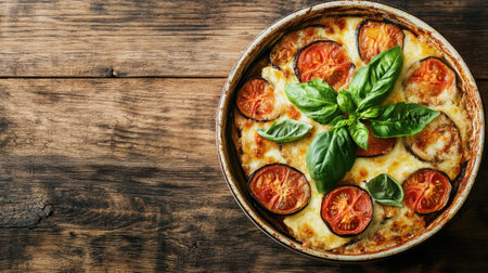 A delicious baked eggplant dish topped with golden cheese and fresh basil, presented on a rustic wooden table, evoking warmth and comfort. Perfect for culinary inspiration.の素材
