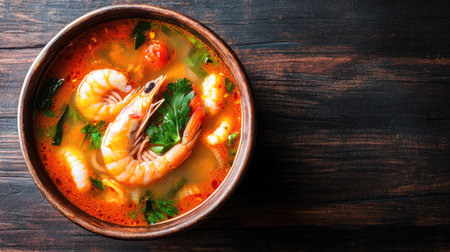 A top view of a bowl of delicious Tom Yum Goong soup, featuring shrimp, vibrant herbs, and spices. A perfect fusion of flavors makes it an appetizing choice.の素材