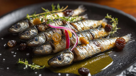 Explore the rich flavors of traditional Venetian sardines in saor, featuring fresh fish marinated with herbs, raisins, and a drizzle of olive oil on an elegant plate.の素材