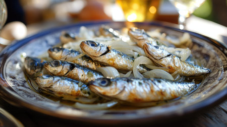 This image showcases a traditional Venetian dish featuring sarde in saor. The beautifully arranged fish on a plate with onions highlights Italian culinary culture.の素材