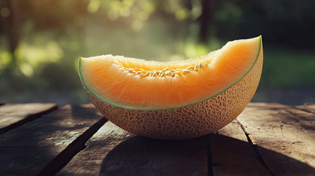 A beautifully soft and ripe cantaloupe slice rests on a wooden table, illuminated by gentle sunlight. This fresh fruit embodies summer and healthy eating, perfect for culinary inspiration.の素材